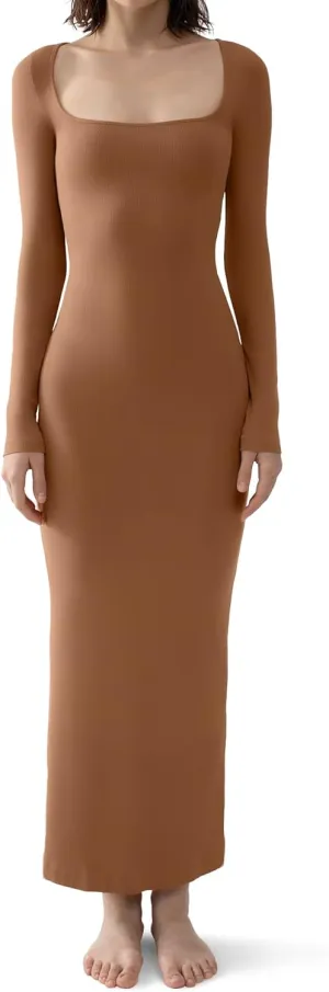 PUMIEY Women's Square Neck Long Sleeve Maxi Dress Ribbed Bodycon Dresses for Women Soft Lounge Dress