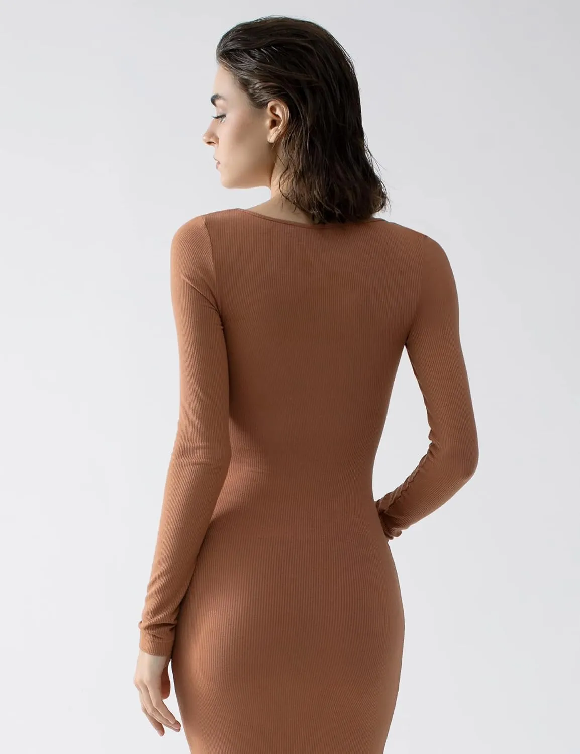 PUMIEY Women's Square Neck Long Sleeve Maxi Dress Ribbed Bodycon Dresses for Women Soft Lounge Dress