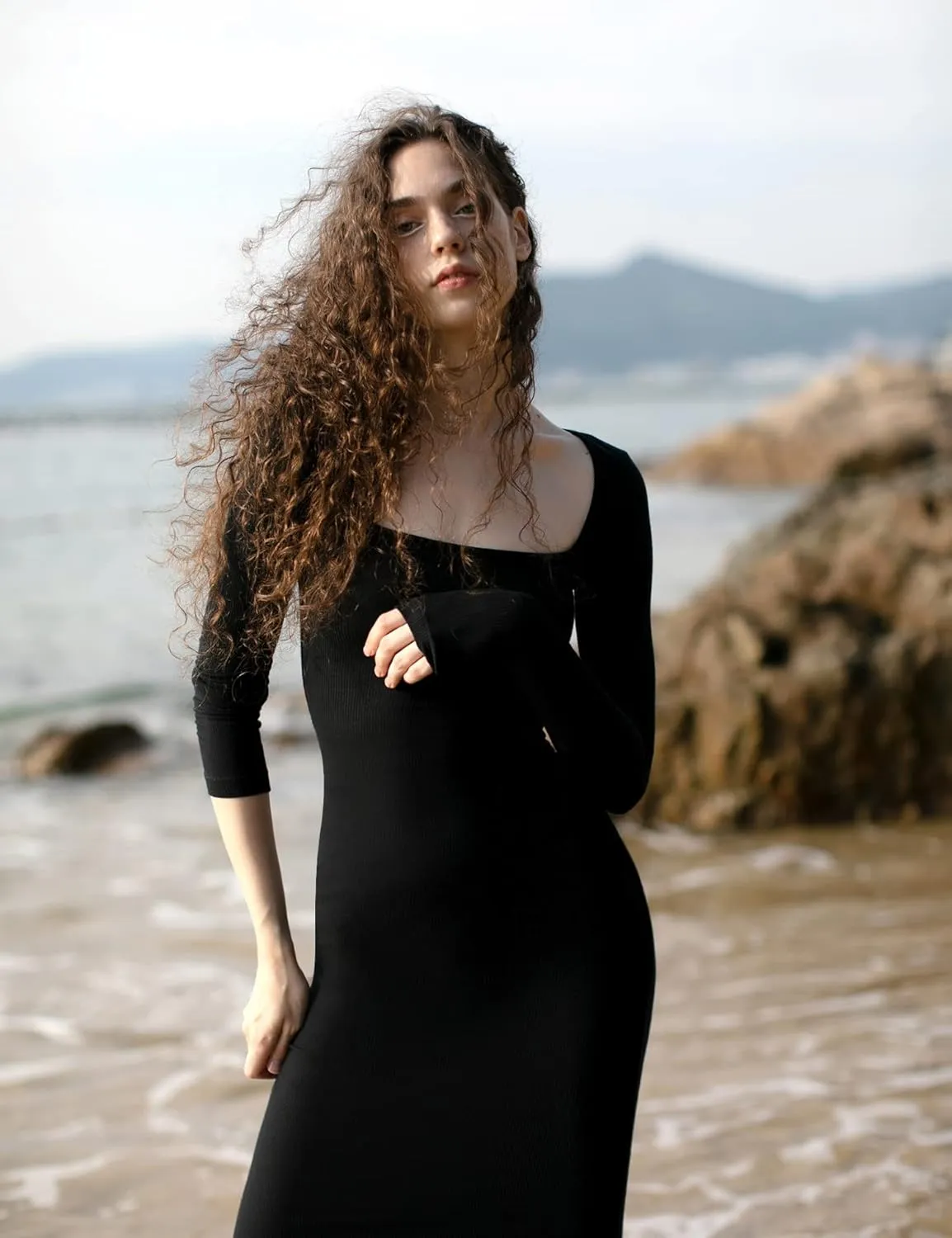 PUMIEY Women's Square Neck Long Sleeve Maxi Dress Ribbed Bodycon Dresses for Women Soft Lounge Dress