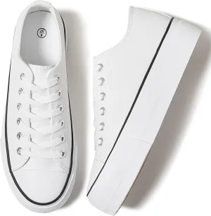Rominz Women's White Platform Sneakers PU Leather Platform Shoes Classic Black Low Top Sneakers Casual Walking Shoes for Women