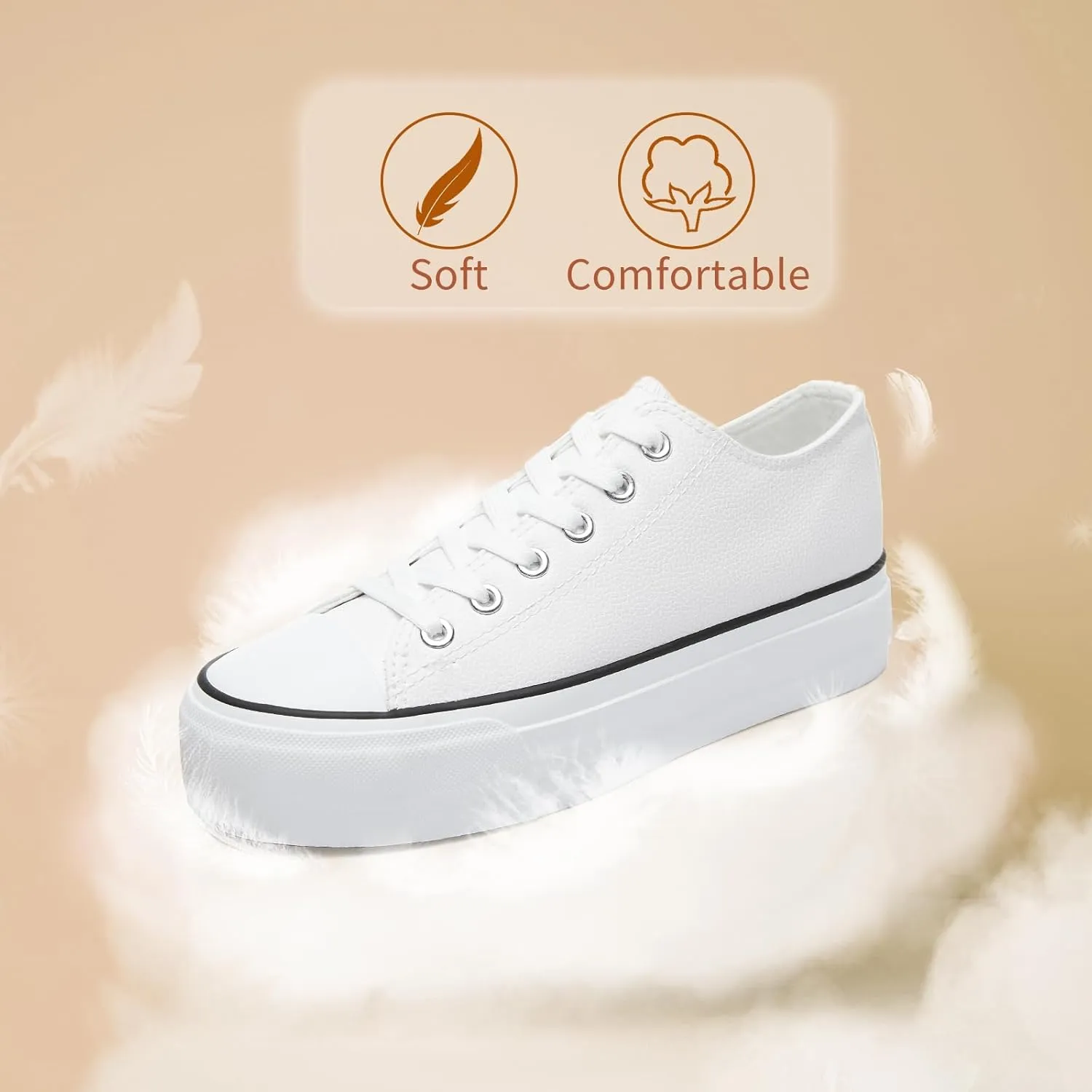 Rominz Women's White Platform Sneakers PU Leather Platform Shoes Classic Black Low Top Sneakers Casual Walking Shoes for Women