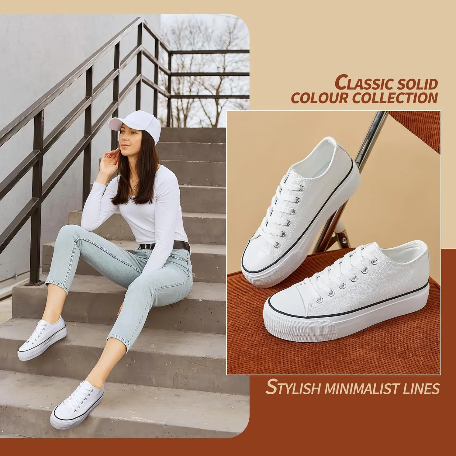 Rominz Women's White Platform Sneakers PU Leather Platform Shoes Classic Black Low Top Sneakers Casual Walking Shoes for Women