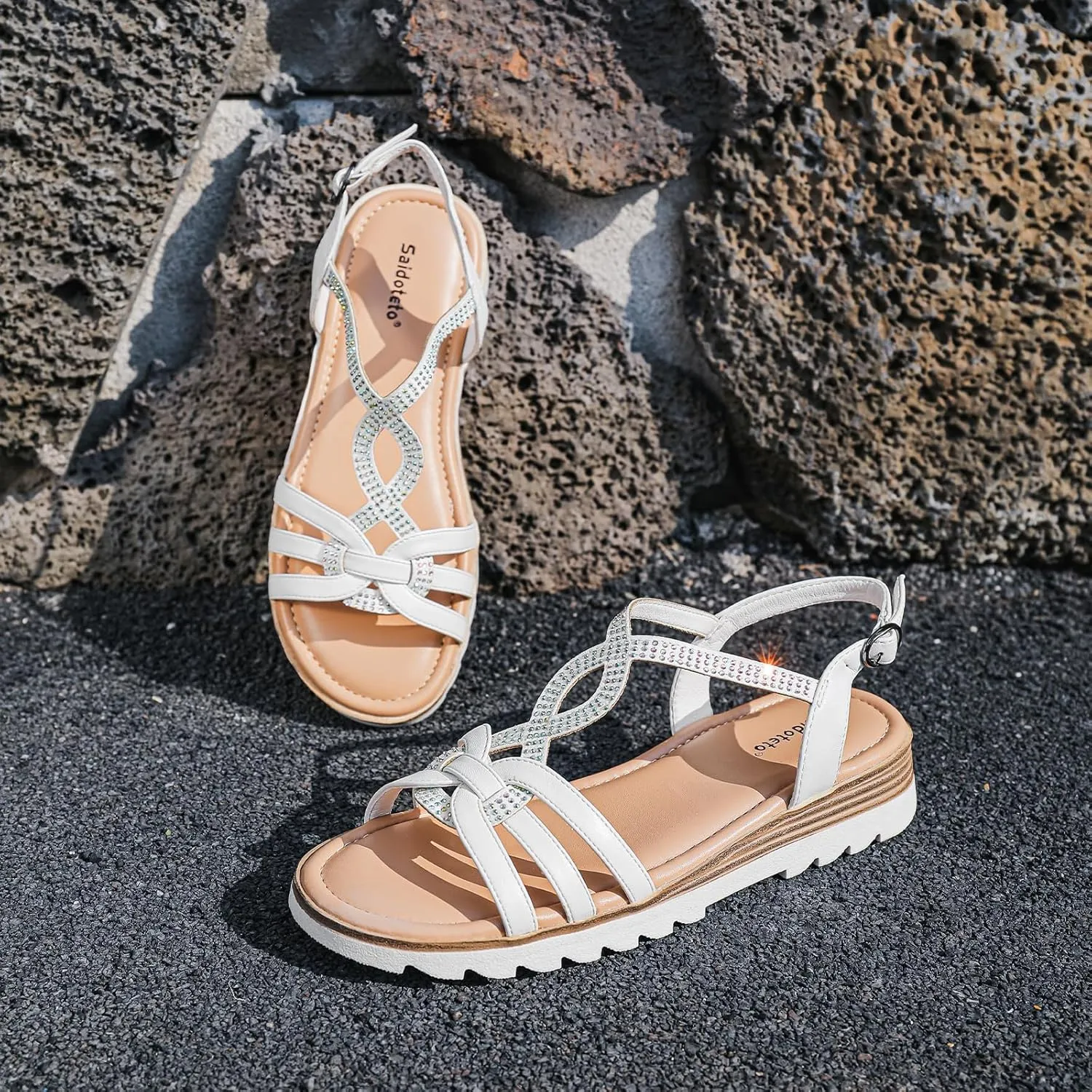 Saidoteto Women's Wide Width Flat Sandals,Casual Open Toe Strappy Slip-on Summer Dressy Sandals with Sparkling Rhinestones
