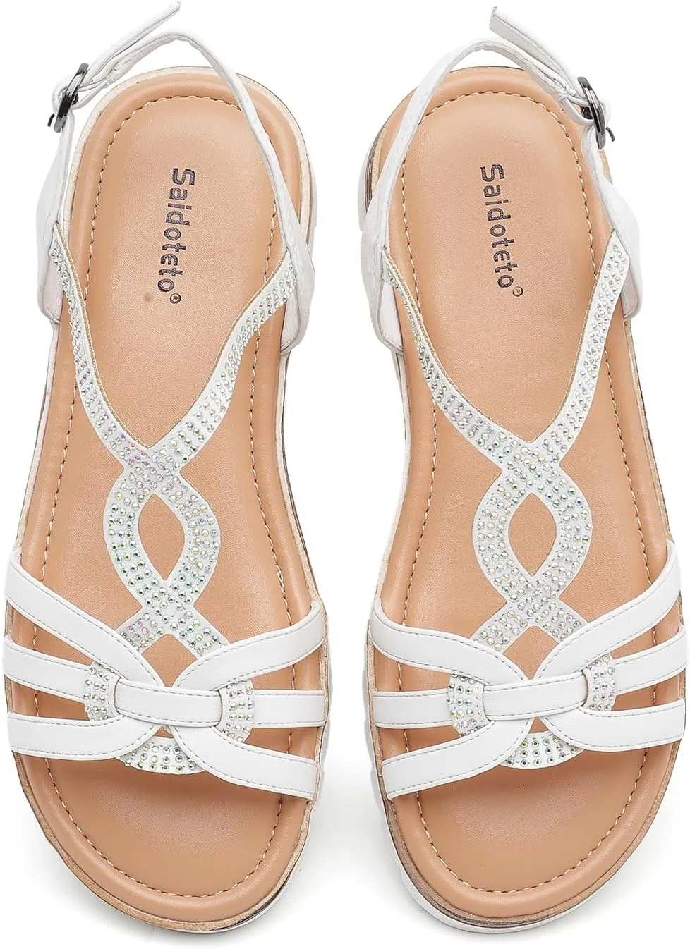 Saidoteto Women's Wide Width Flat Sandals,Casual Open Toe Strappy Slip-on Summer Dressy Sandals with Sparkling Rhinestones
