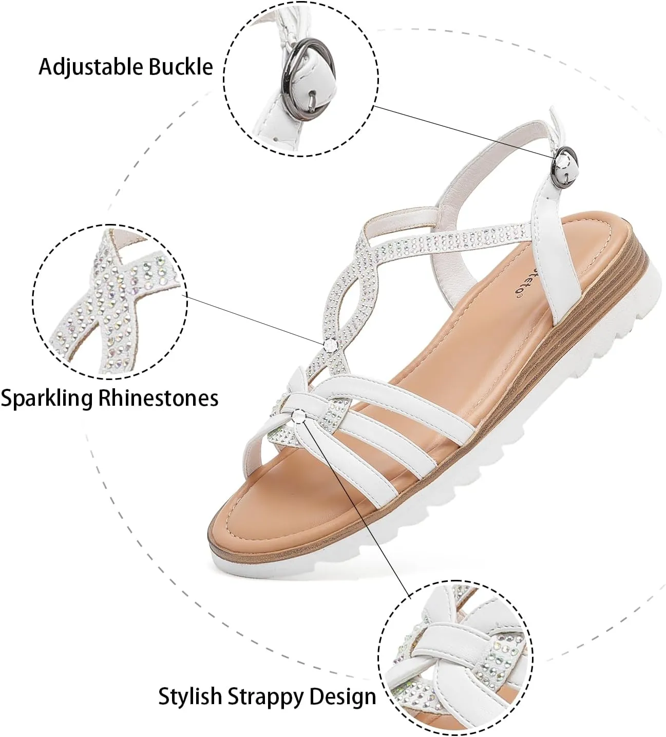 Saidoteto Women's Wide Width Flat Sandals,Casual Open Toe Strappy Slip-on Summer Dressy Sandals with Sparkling Rhinestones