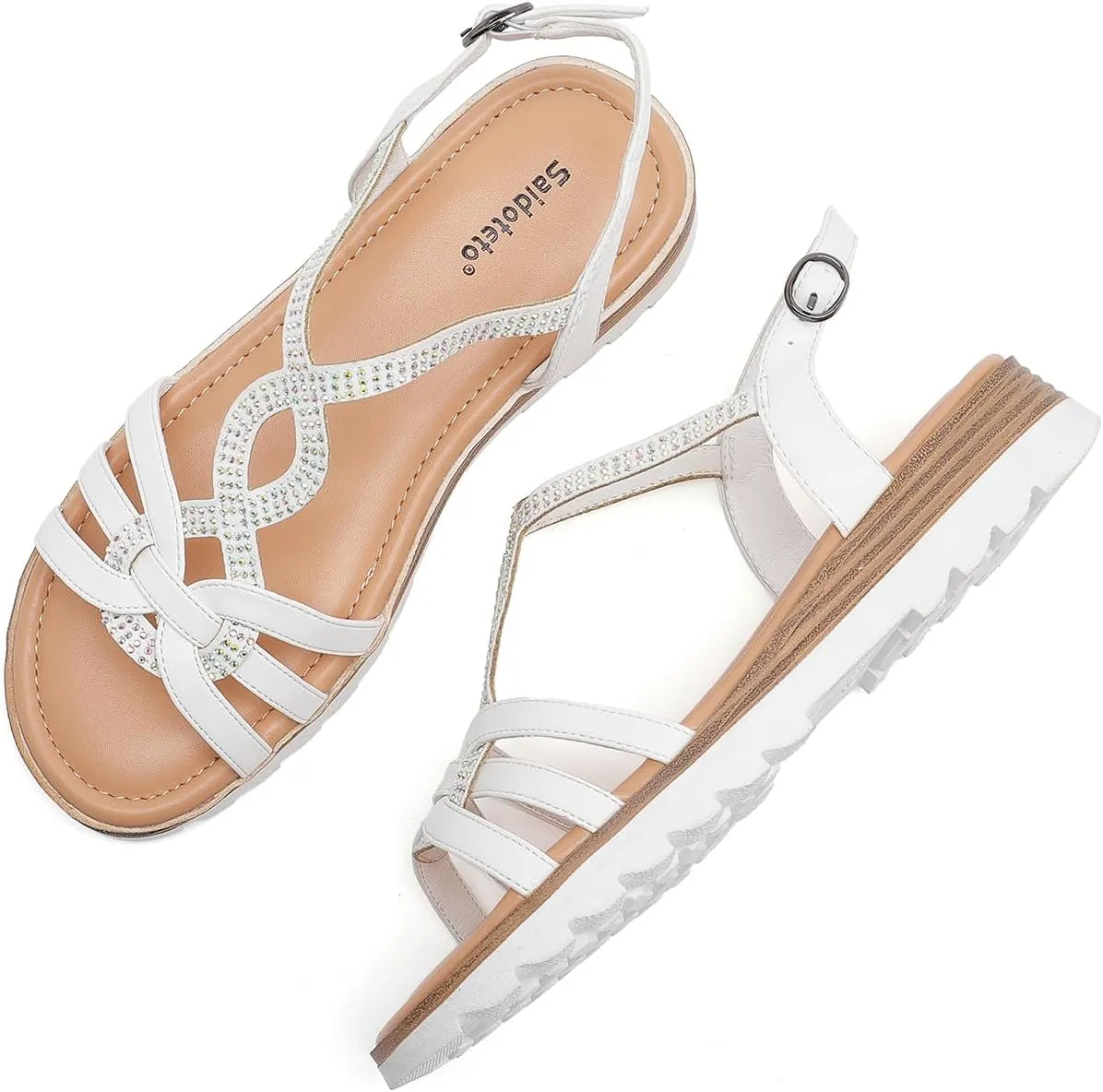 Saidoteto Women's Wide Width Flat Sandals,Casual Open Toe Strappy Slip-on Summer Dressy Sandals with Sparkling Rhinestones