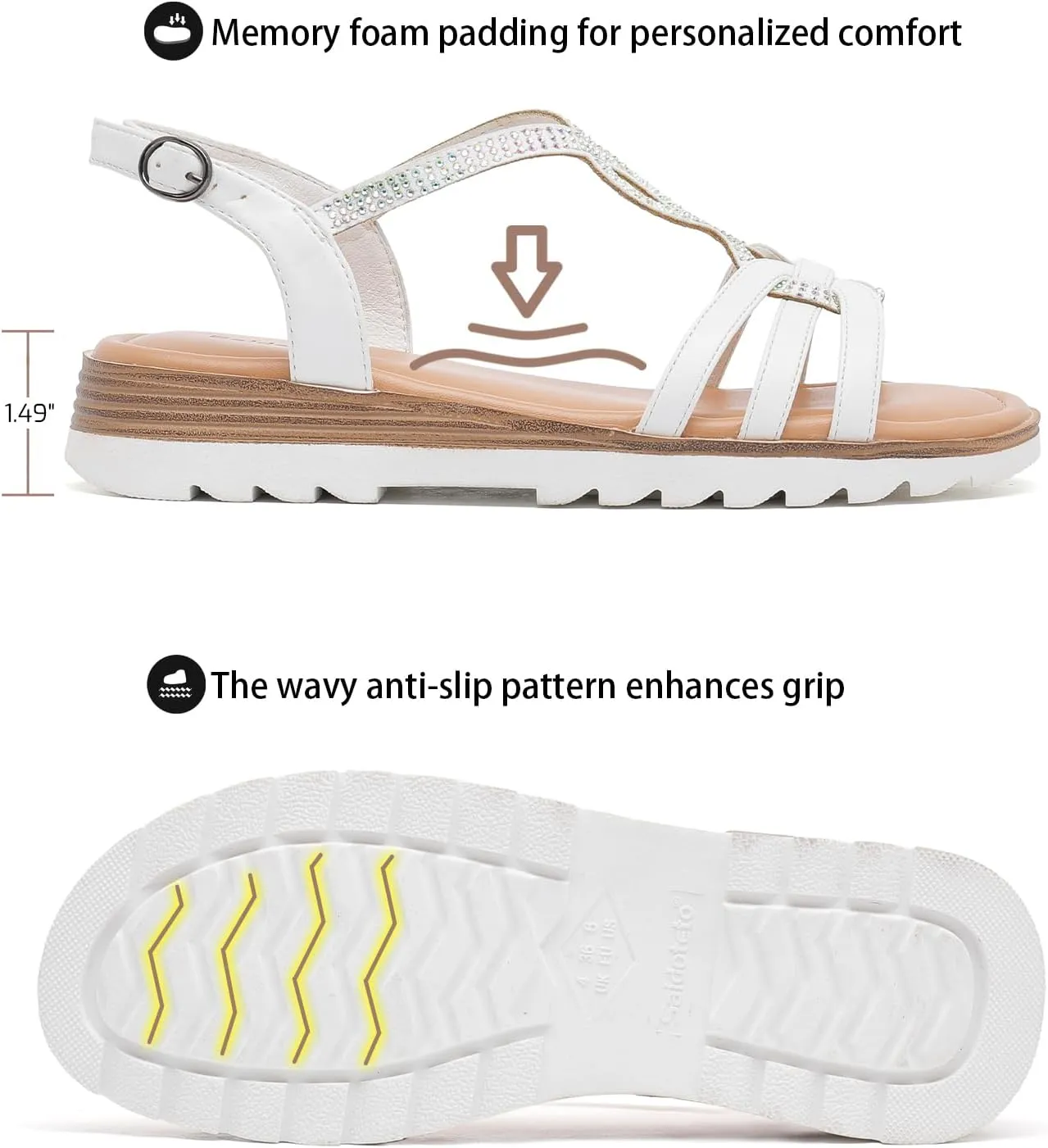 Saidoteto Women's Wide Width Flat Sandals,Casual Open Toe Strappy Slip-on Summer Dressy Sandals with Sparkling Rhinestones