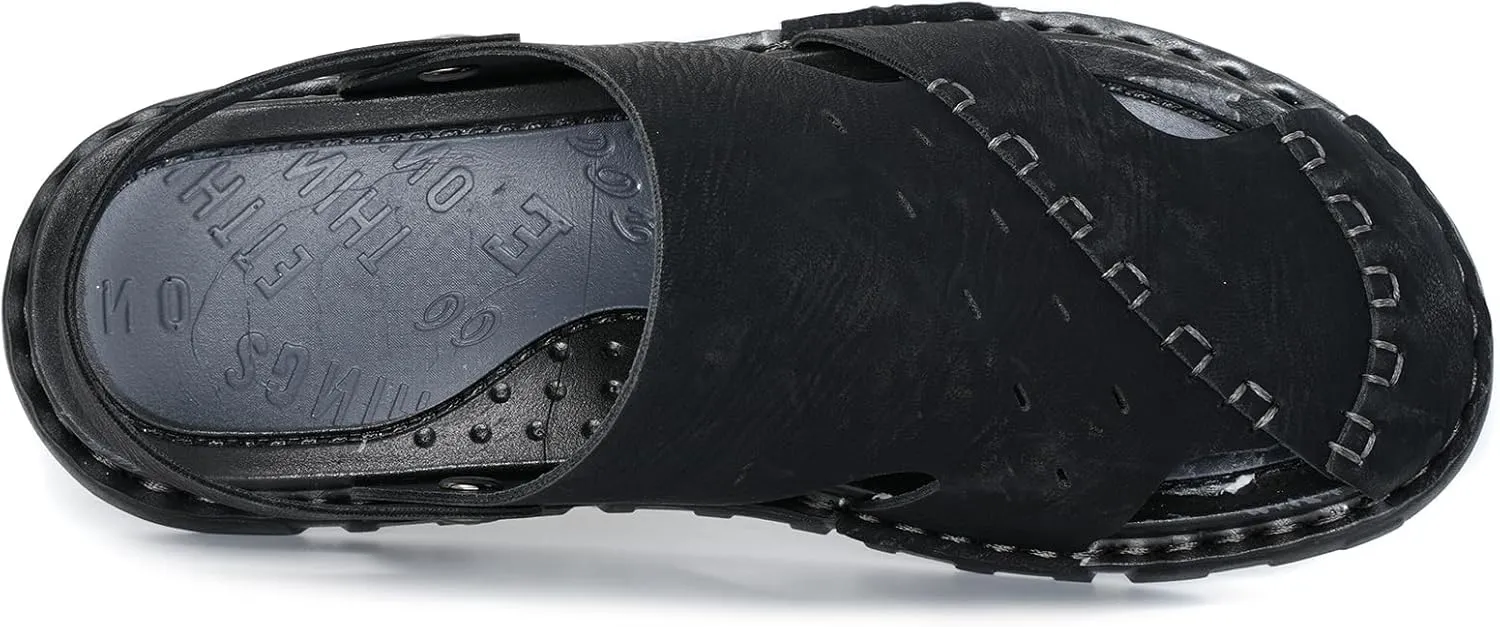 Sandals For Men Indoor and Outdoor Beach Casual Closed Toe Water Sandals Leather Slip On Two uses Waterproof Athletic Handmade Slippers Soft