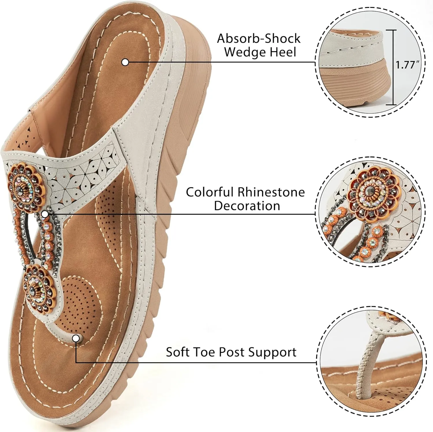 Sandals for Women Wedge Shoes: Casual Summer Comfortable Cushioned FootBed Bohemia Rhinestone Work Womens Flip Flops for Office Travel