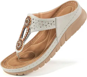 Sandals for Women Wedge Shoes: Casual Summer Comfortable Cushioned FootBed Bohemia Rhinestone Work Womens Flip Flops for Office Travel