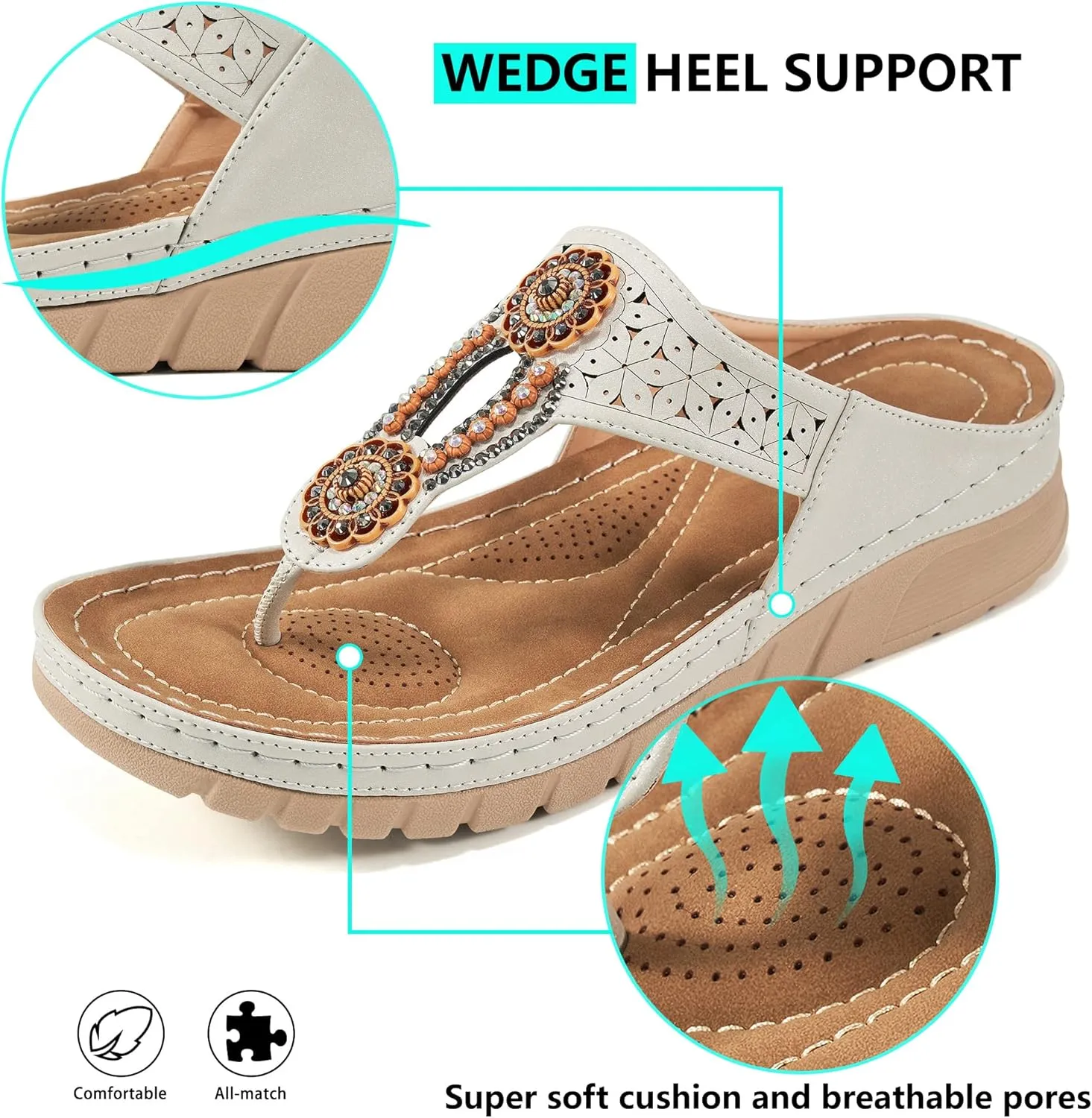 Sandals for Women Wedge Shoes: Casual Summer Comfortable Cushioned FootBed Bohemia Rhinestone Work Womens Flip Flops for Office Travel