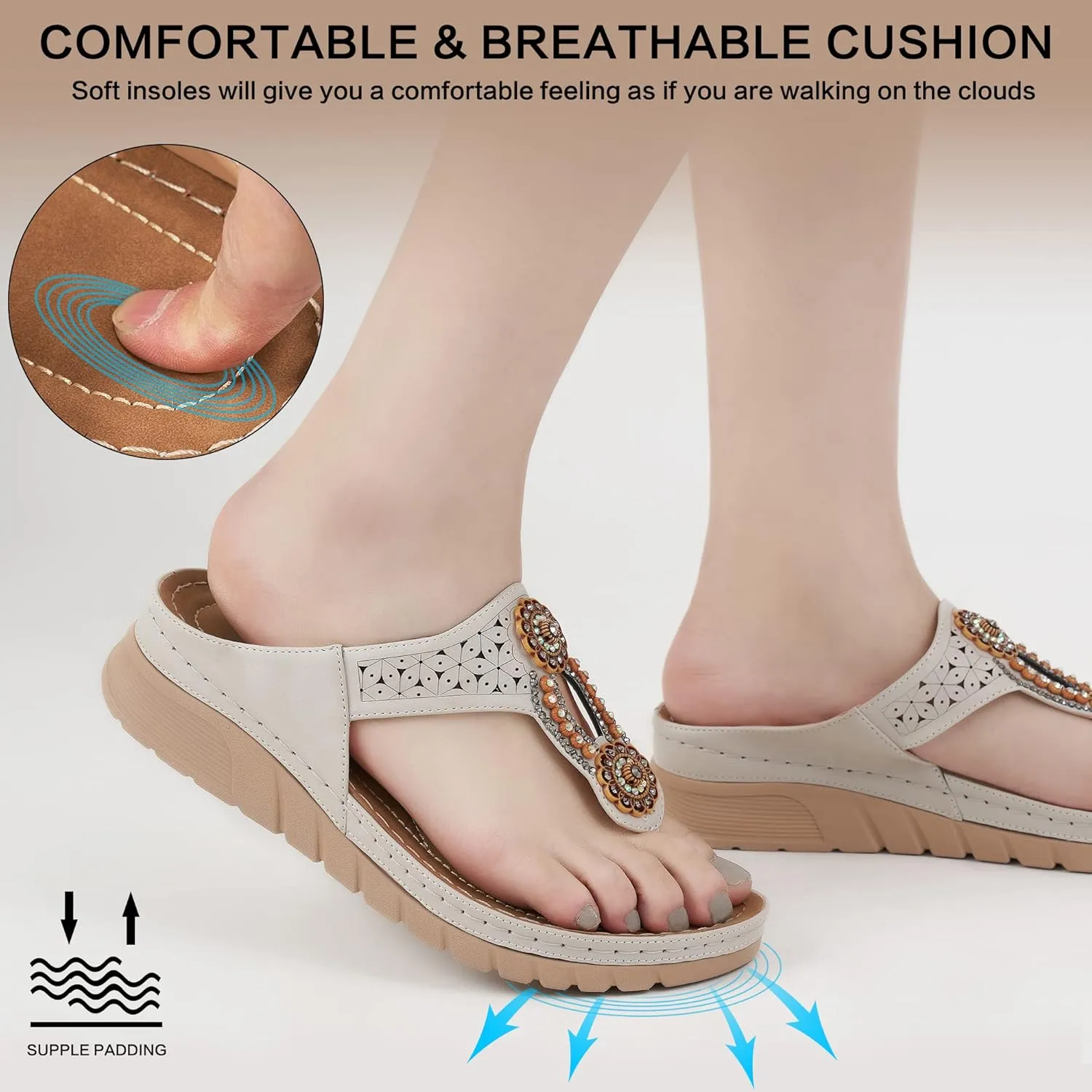 Sandals for Women Wedge Shoes: Casual Summer Comfortable Cushioned FootBed Bohemia Rhinestone Work Womens Flip Flops for Office Travel