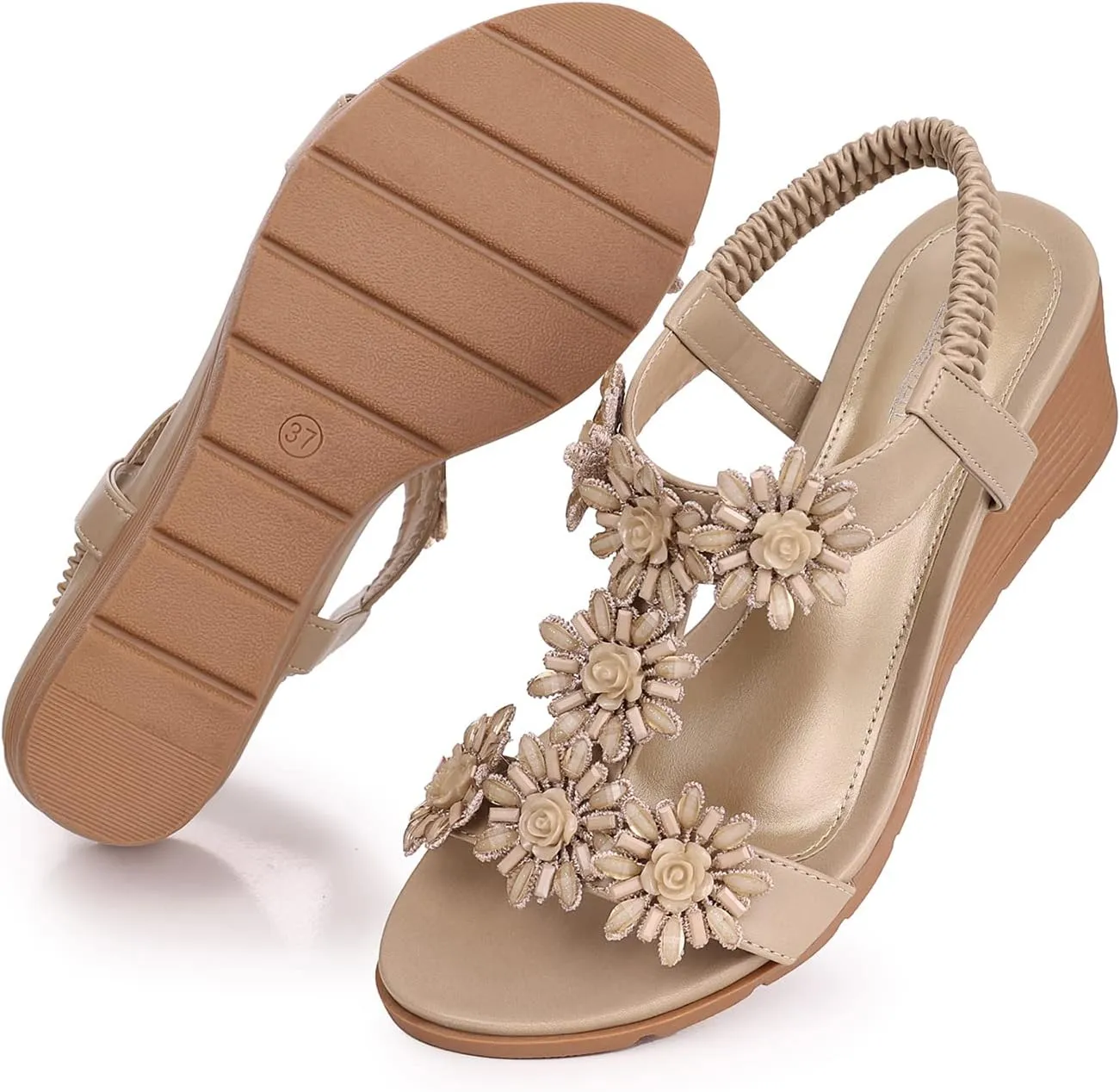 SHIBEVER Womens Sandals Wedge Flower: Open Toe Elastic Ankle Strap Wedge Sandal - Dressy Sandals Women - Comfortable Summer Bohemia