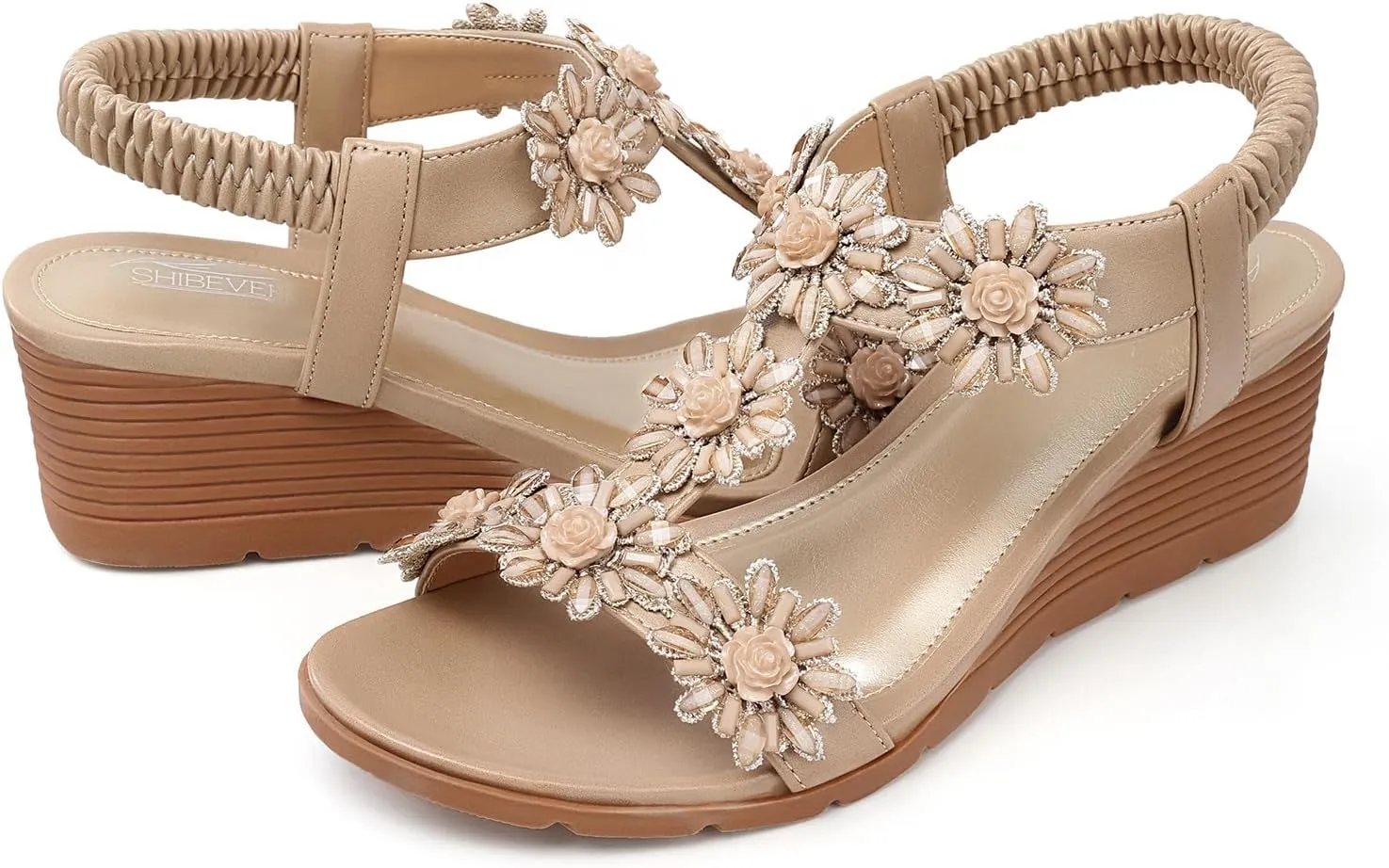 SHIBEVER Womens Sandals Wedge Flower: Open Toe Elastic Ankle Strap Wedge Sandal - Dressy Sandals Women - Comfortable Summer Bohemia