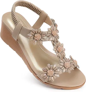SHIBEVER Womens Sandals Wedge Flower: Open Toe Elastic Ankle Strap Wedge Sandal - Dressy Sandals Women - Comfortable Summer Bohemia