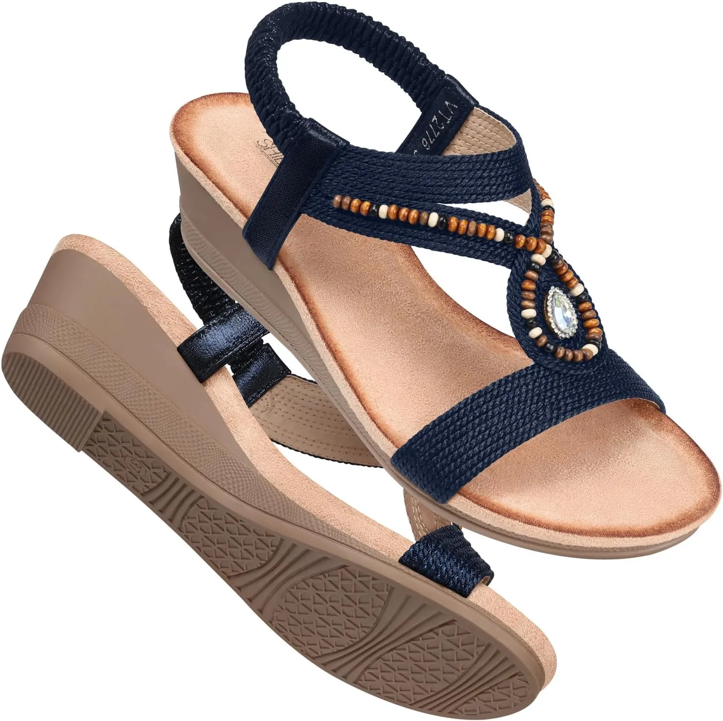 SHIBEVER Womens Wedge Sandals Low: Elastic Ankle Strap Wedge Sandals - Dressy Sandals Women - Comfortable Open Toe