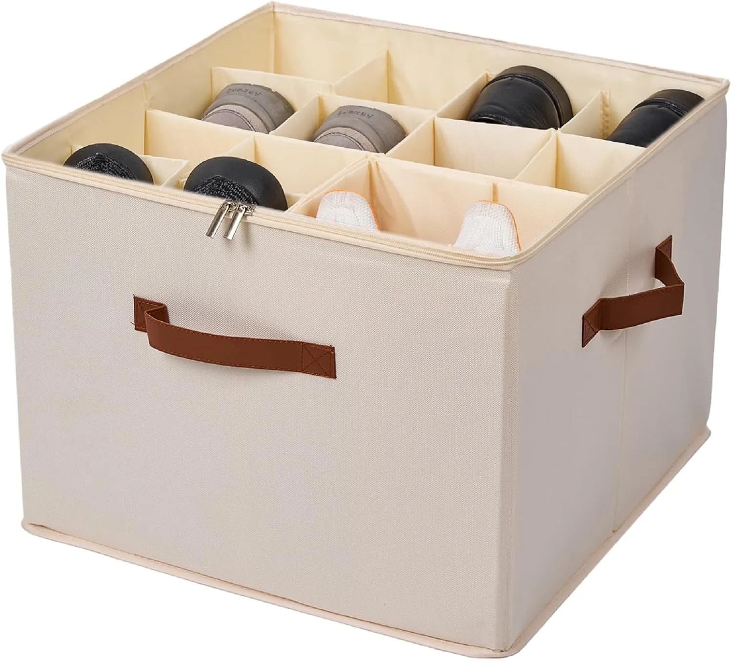 Shoe Organizer for Closet, Large Shoe Box Storage Containers, Fits 16 Pairs,Foldable Space-saving Storage Container Bins, Fabric Shoe Storage Bins with Clear Cover(Beige)