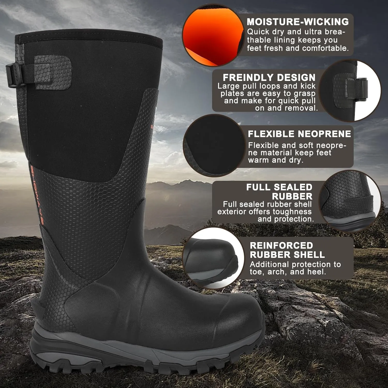 Showave Men's Arctic Pro Rubber Hunting Boots with Steel Shank Insulated Rain Boot Waterproof Neoprene Mud Boot Outdoor Snow Working Boots Cold Weather