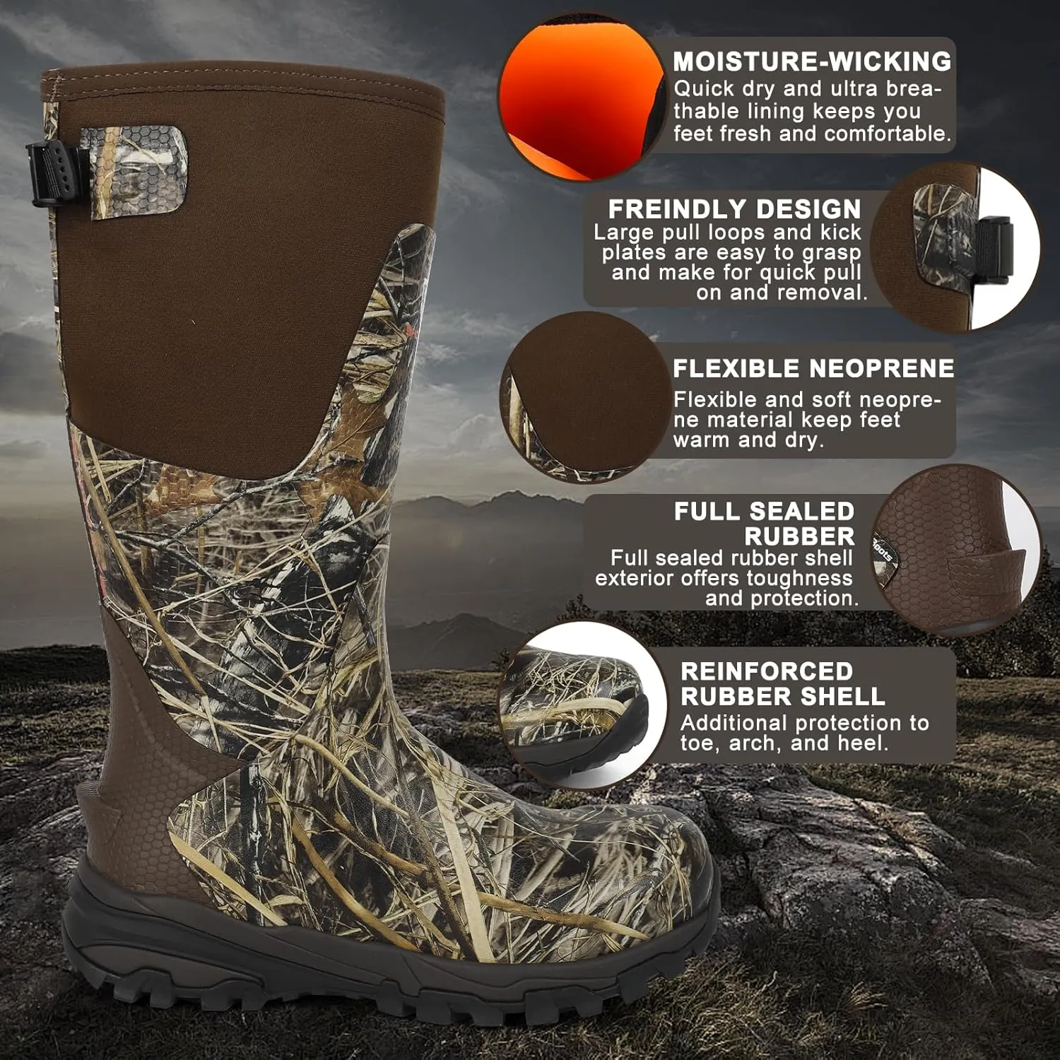 Showave Men's Arctic Pro Rubber Hunting Boots with Steel Shank Insulated Rain Boot Waterproof Neoprene Mud Boot Outdoor Snow Working Boots Cold Weather