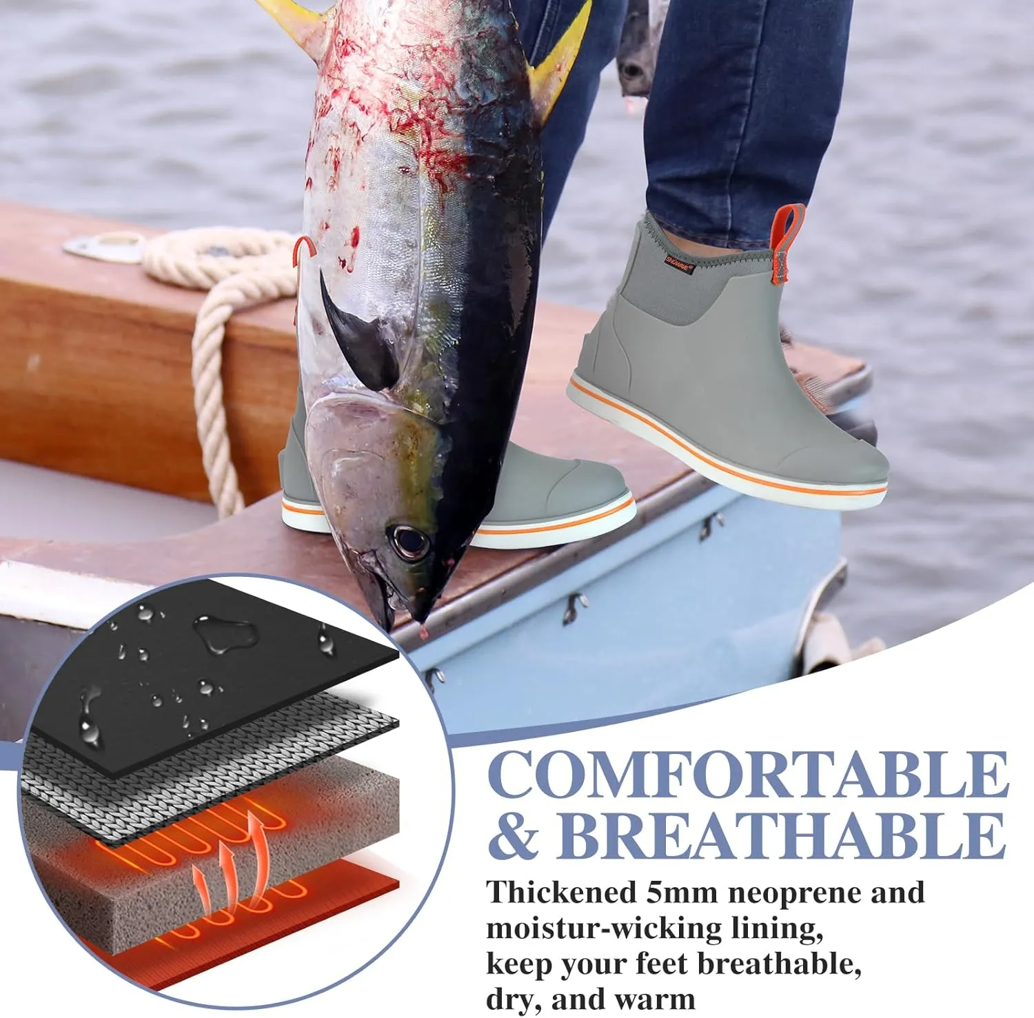 Showave Men's Deck Boots Waterproof Ankle Rubber Rain Boots for Boating Sailing Fishing