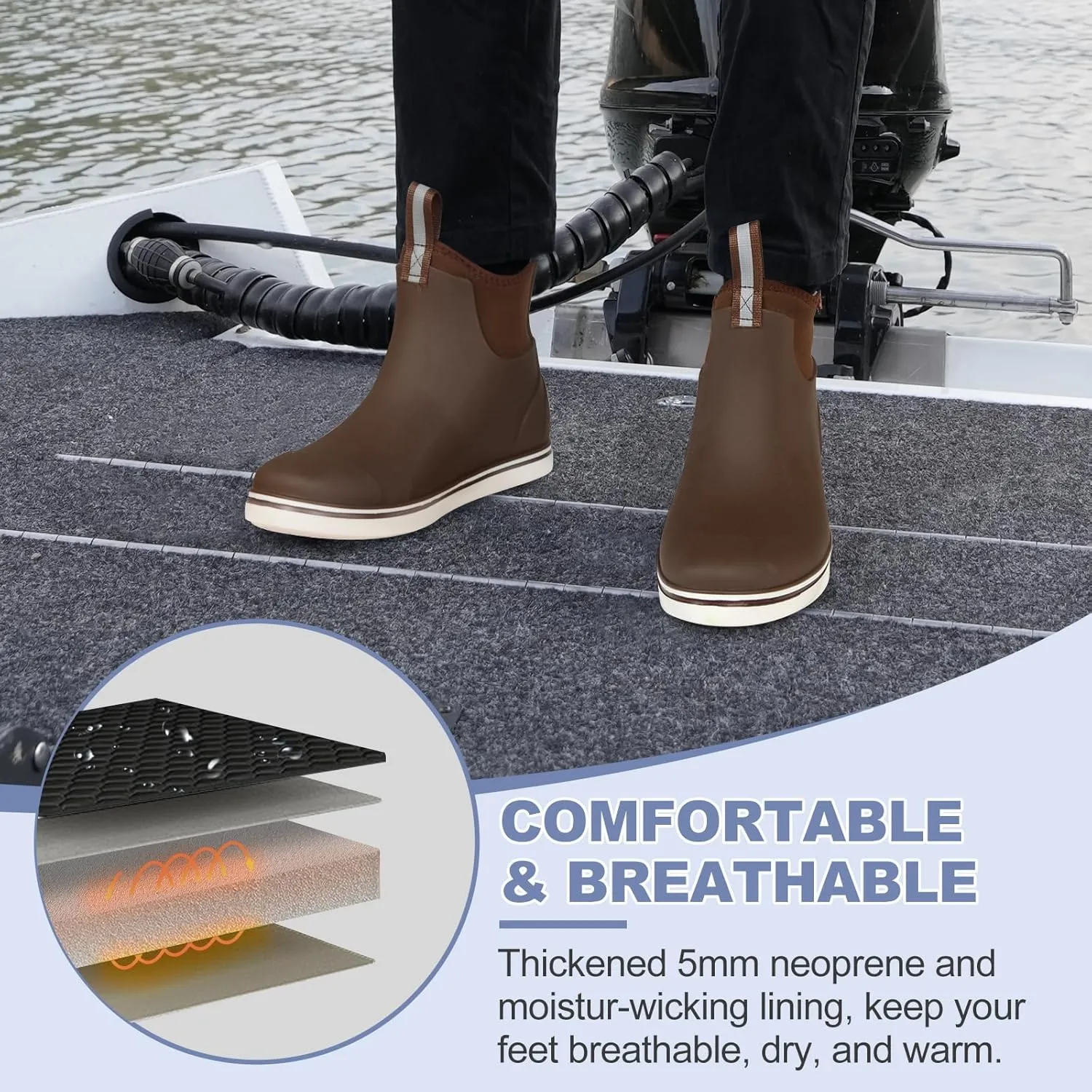 Showave Men's Deck Boots Waterproof Ankle Rubber Rain Boots for Boating Sailing Fishing