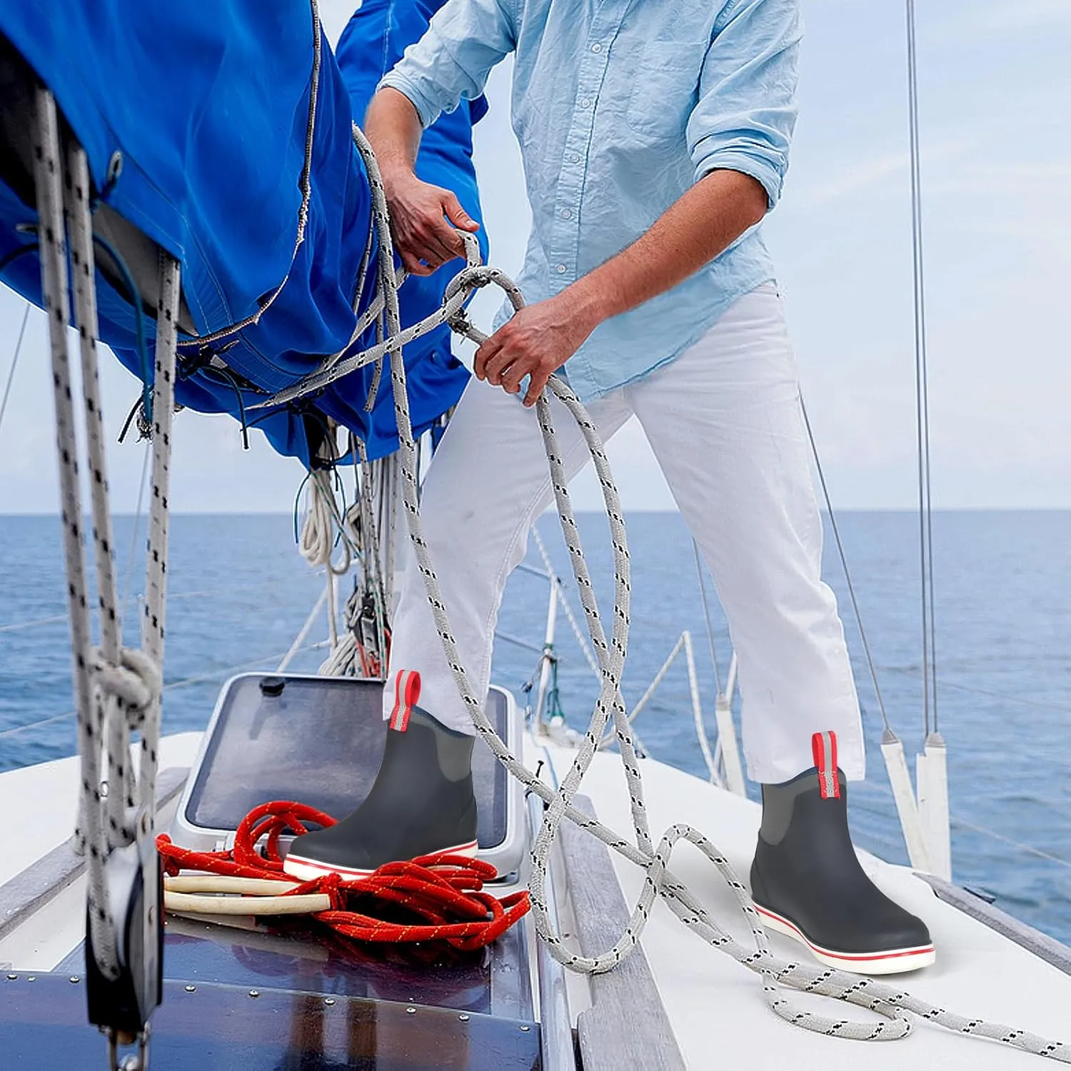 Showave Men's Deck Boots Waterproof Ankle Rubber Rain Boots for Boating Sailing Fishing