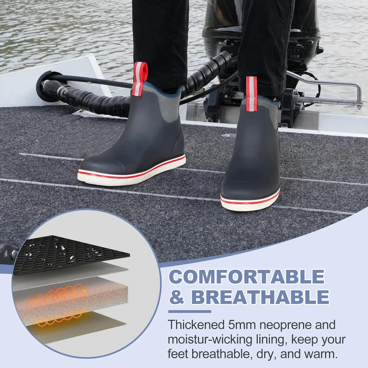 Showave Men's Deck Boots Waterproof Ankle Rubber Rain Boots for Boating Sailing Fishing