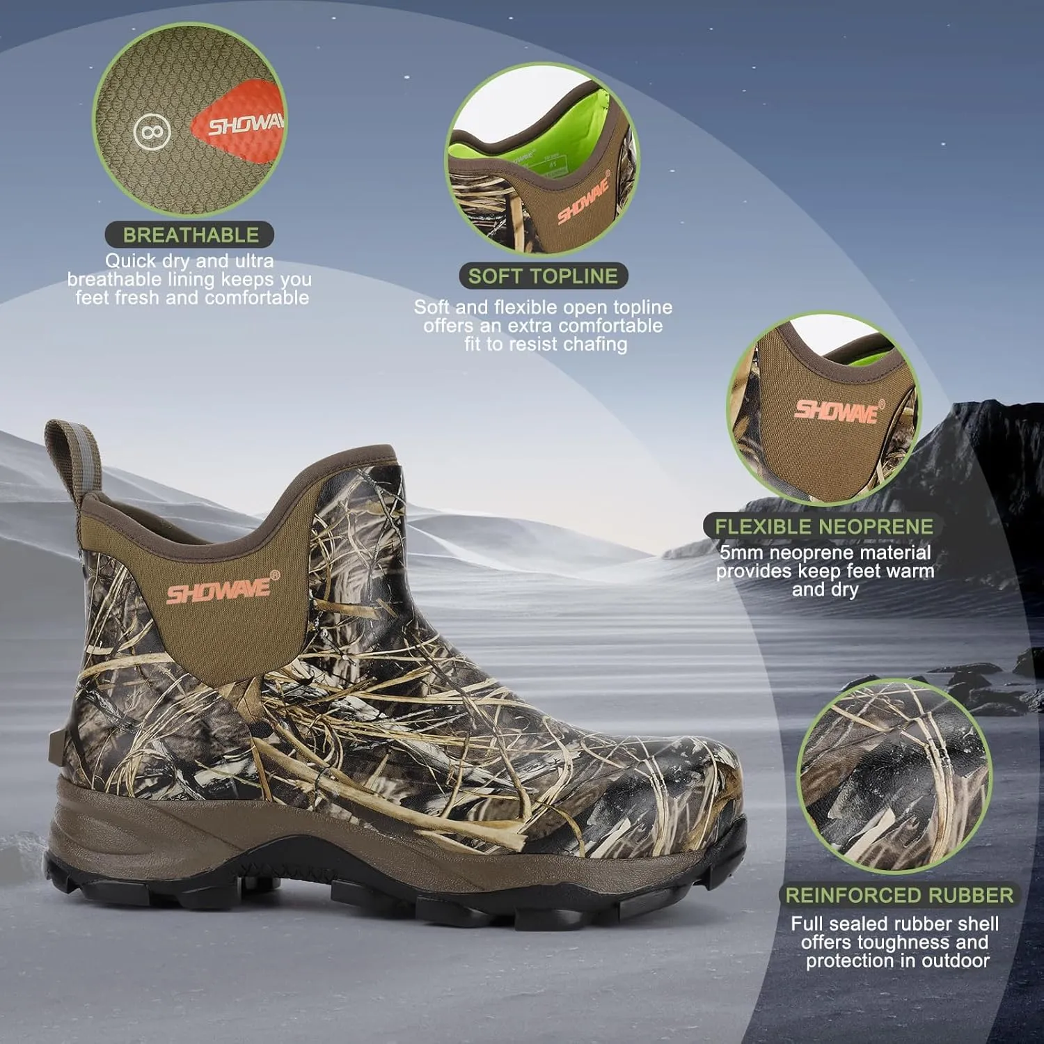 Showave Men's Rubber Boots Waterproof Rain Footwear Durable Short Hunting Boots for Mud Gardening Yard and Chore Working