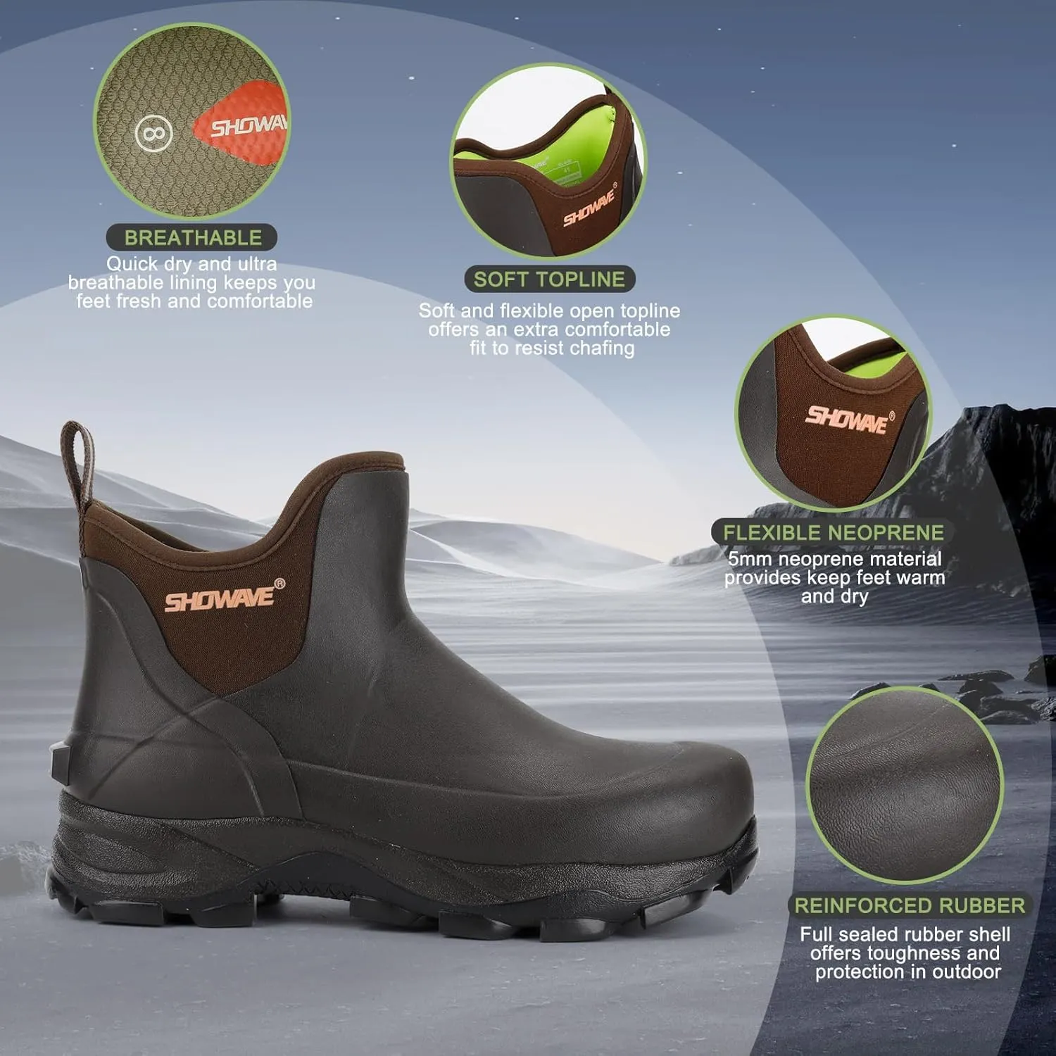 Showave Men's Rubber Boots Waterproof Rain Footwear Durable Short Hunting Boots for Mud Gardening Yard and Chore Working