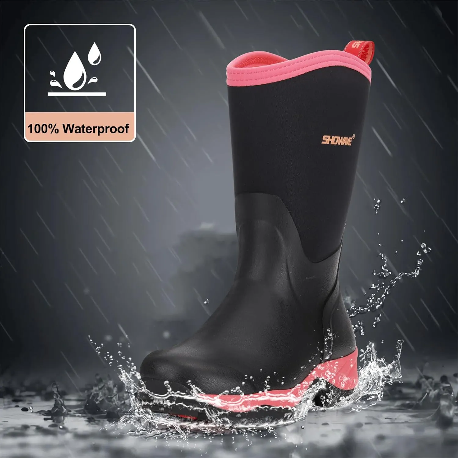 Showave Women's Rubber Hunting Boots Mid Calf Waterproof Rain Boot Insulated Mud Boots Durable Outdoor Working Boot for Fishing Garden Chore