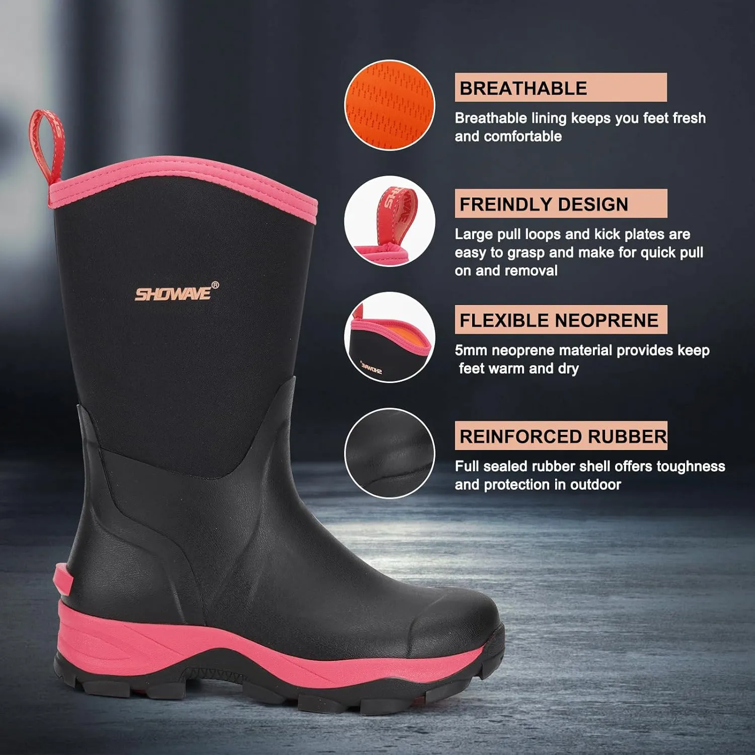 Showave Women's Rubber Hunting Boots Mid Calf Waterproof Rain Boot Insulated Mud Boots Durable Outdoor Working Boot for Fishing Garden Chore