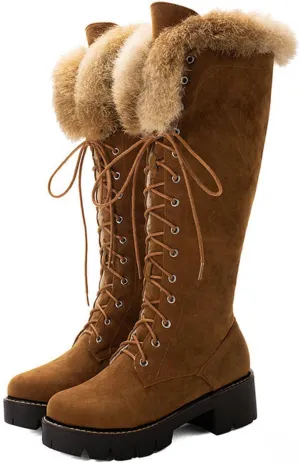 Side Zipper Front Lace-Up Snow Boots, Thick Velvet Lining Raw Edge Warm Knee-High Boots Suede Matte Stitching Straight Boots Rubber Sole Non-Slip Winter Boots