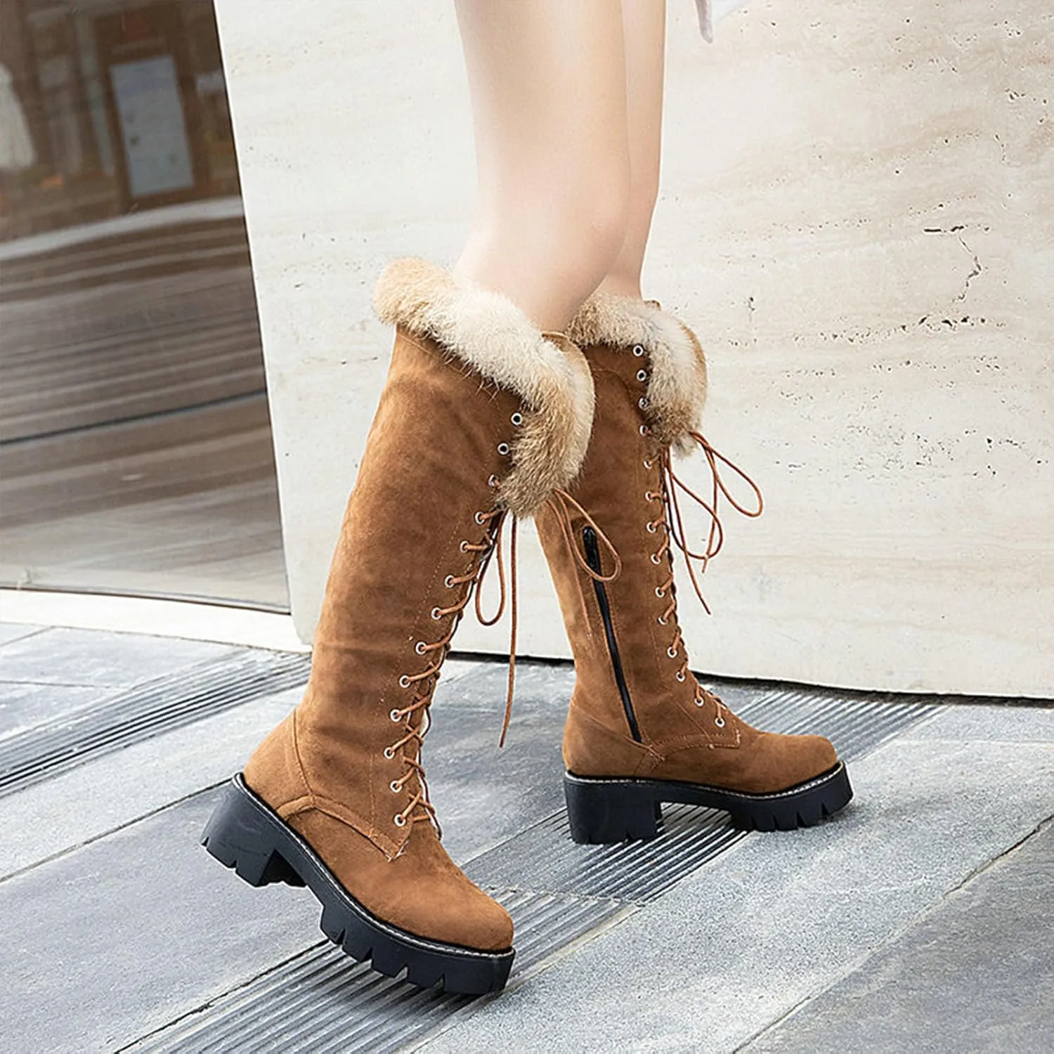 Side Zipper Front Lace-Up Snow Boots, Thick Velvet Lining Raw Edge Warm Knee-High Boots Suede Matte Stitching Straight Boots Rubber Sole Non-Slip Winter Boots