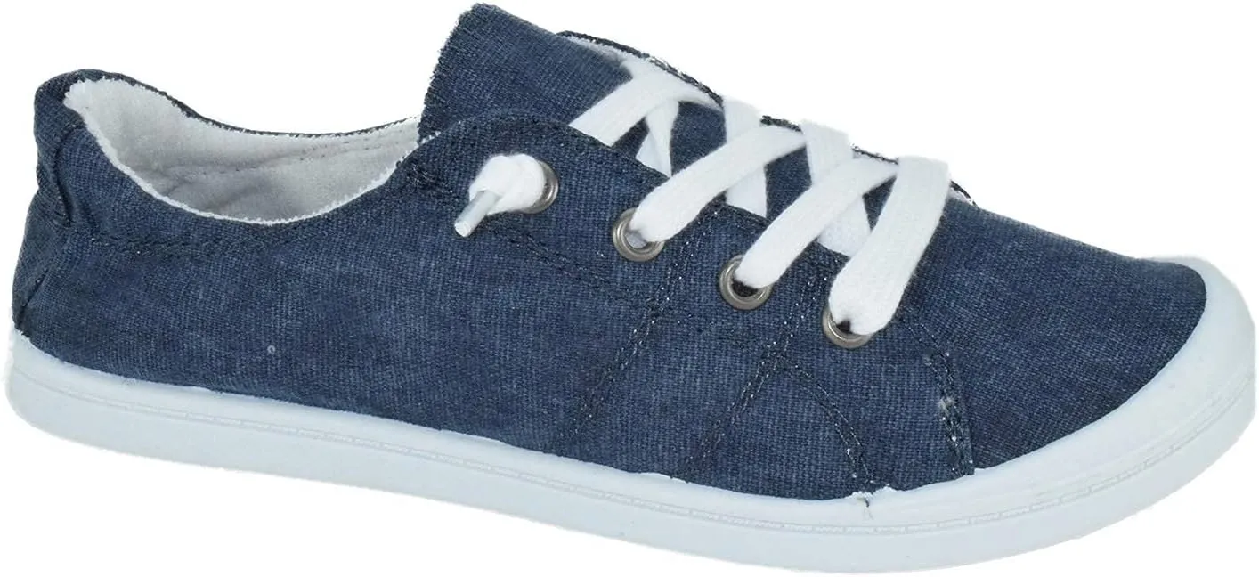 Soda Flat Women Shoes Linen Canvas Slip On Sneakers Lace Up Style Loafers Zig-S, 8, Navy