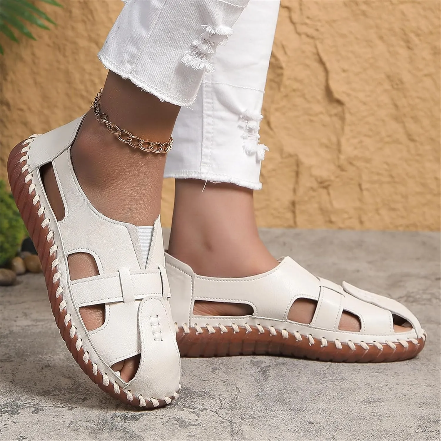 Soft Comfortable Sandals for Women Summer Casual Closed Toe Hollow Out Slip On Loafers Flat Fisherman Sandal Comfy Cute Breathable Walking Orthopedic Beach Shoes