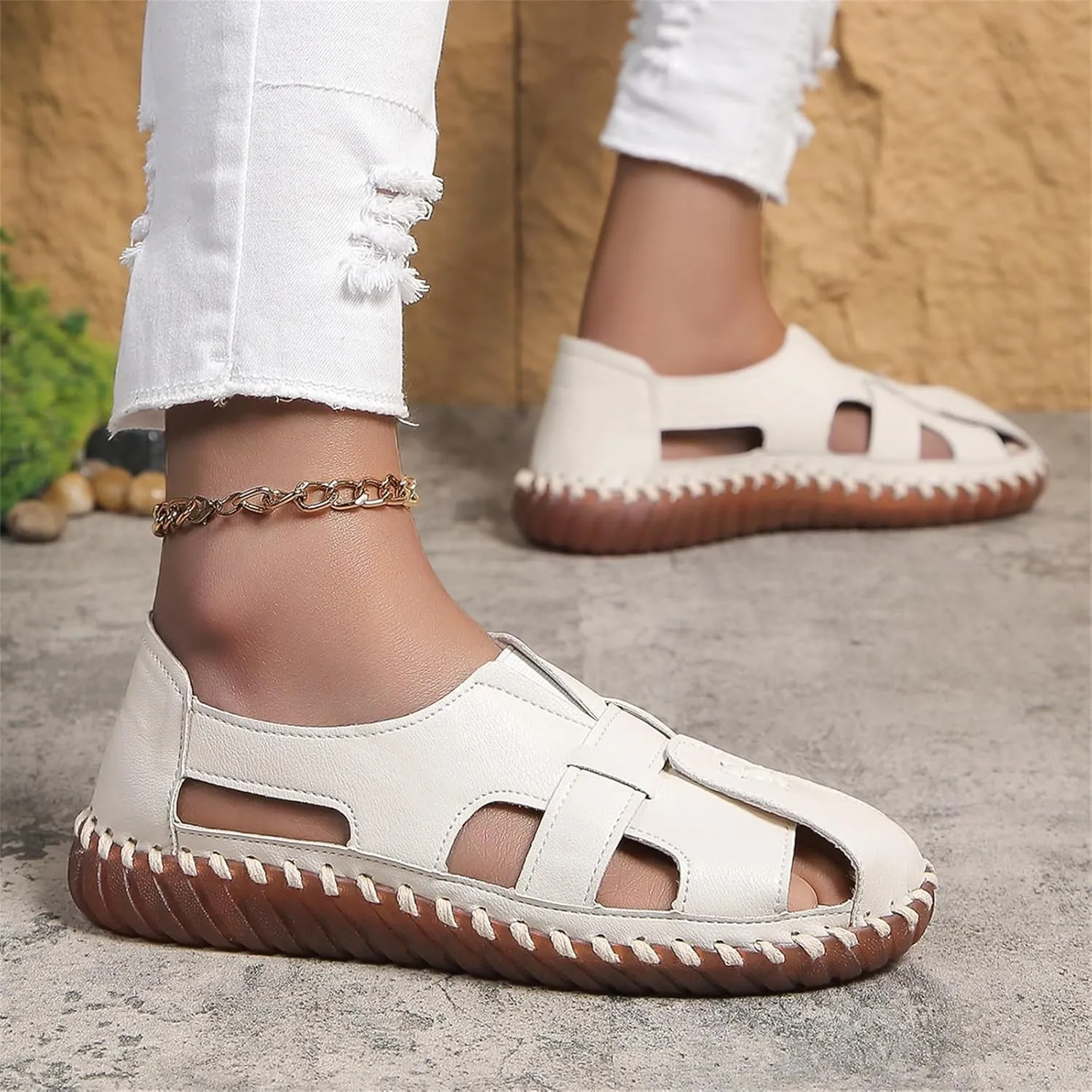 Soft Comfortable Sandals for Women Summer Casual Closed Toe Hollow Out Slip On Loafers Flat Fisherman Sandal Comfy Cute Breathable Walking Orthopedic Beach Shoes
