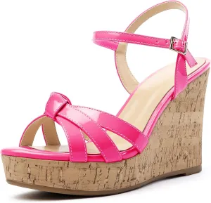 Soireelady Women's Platform Sandals Wooden Wedges Heel 4Inch Open Toe Bow Tie Summer Dress Shoes for Women