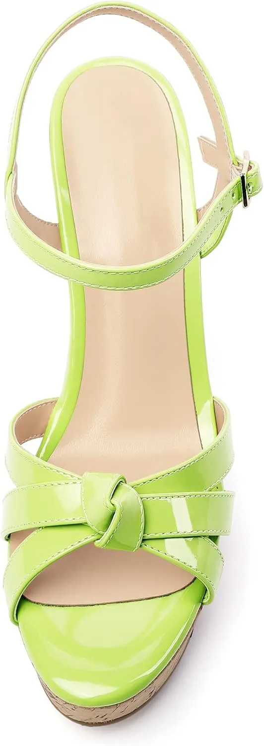 Soireelady Women's Platform Sandals Wooden Wedges Heel 4Inch Open Toe Bow Tie Summer Dress Shoes for Women