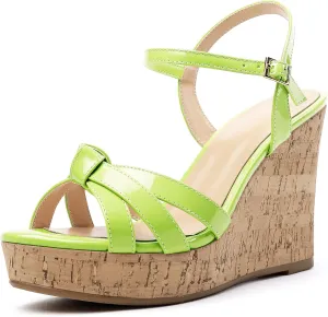 Soireelady Women's Platform Sandals Wooden Wedges Heel 4Inch Open Toe Bow Tie Summer Dress Shoes for Women