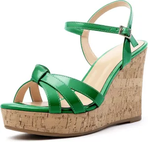 Soireelady Women's Platform Sandals Wooden Wedges Heel 4Inch Open Toe Bow Tie Summer Dress Shoes for Women