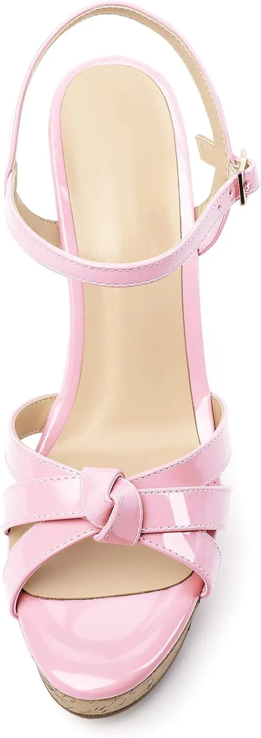 Soireelady Women's Platform Sandals Wooden Wedges Heel 4Inch Open Toe Bow Tie Summer Dress Shoes for Women