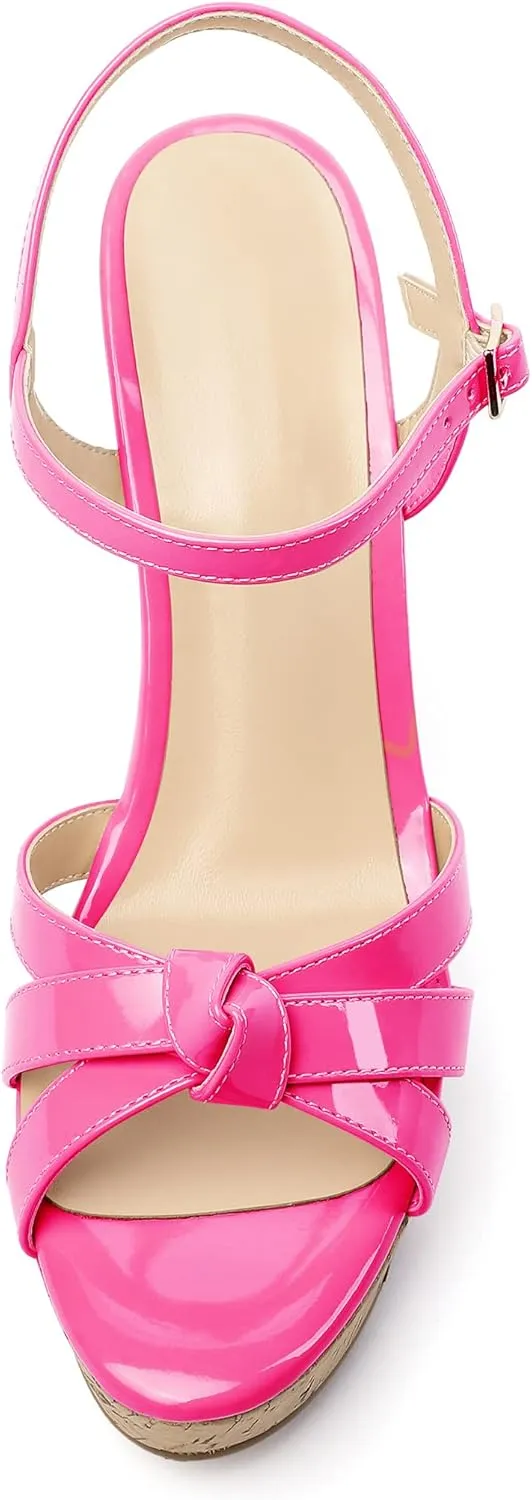 Soireelady Women's Platform Sandals Wooden Wedges Heel 4Inch Open Toe Bow Tie Summer Dress Shoes for Women