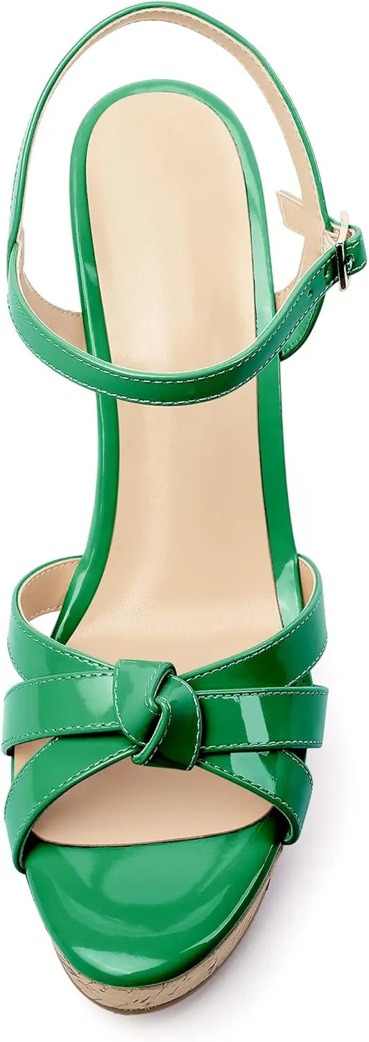 Soireelady Women's Platform Sandals Wooden Wedges Heel 4Inch Open Toe Bow Tie Summer Dress Shoes for Women