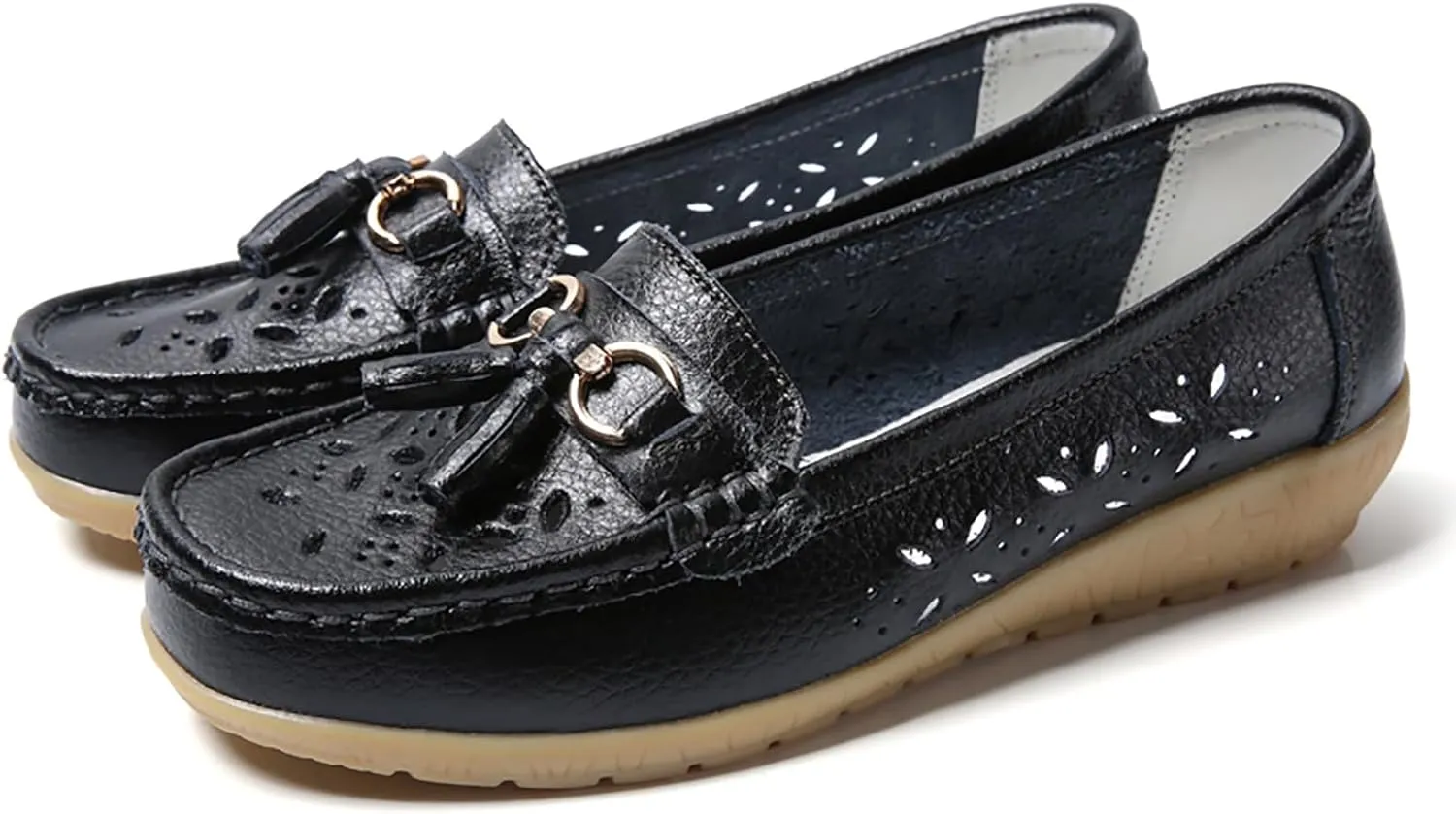Solaud Women's Comfort Loafers Slope Heeled Moccasins Leather Loafer Casual Round Toe Soft Leather Wedge Pumps Breathable Slip On Walking Office Lightweight Shoes