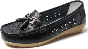 Solaud Women's Comfort Loafers Slope Heeled Moccasins Leather Loafer Casual Round Toe Soft Leather Wedge Pumps Breathable Slip On Walking Office Lightweight Shoes