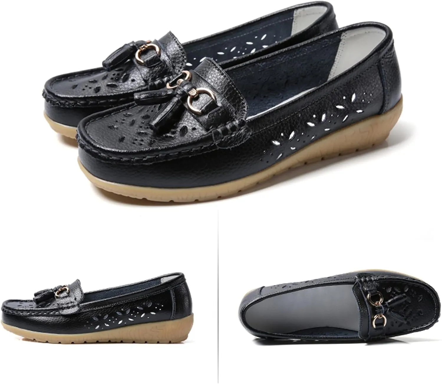 Solaud Women's Comfort Loafers Slope Heeled Moccasins Leather Loafer Casual Round Toe Soft Leather Wedge Pumps Breathable Slip On Walking Office Lightweight Shoes