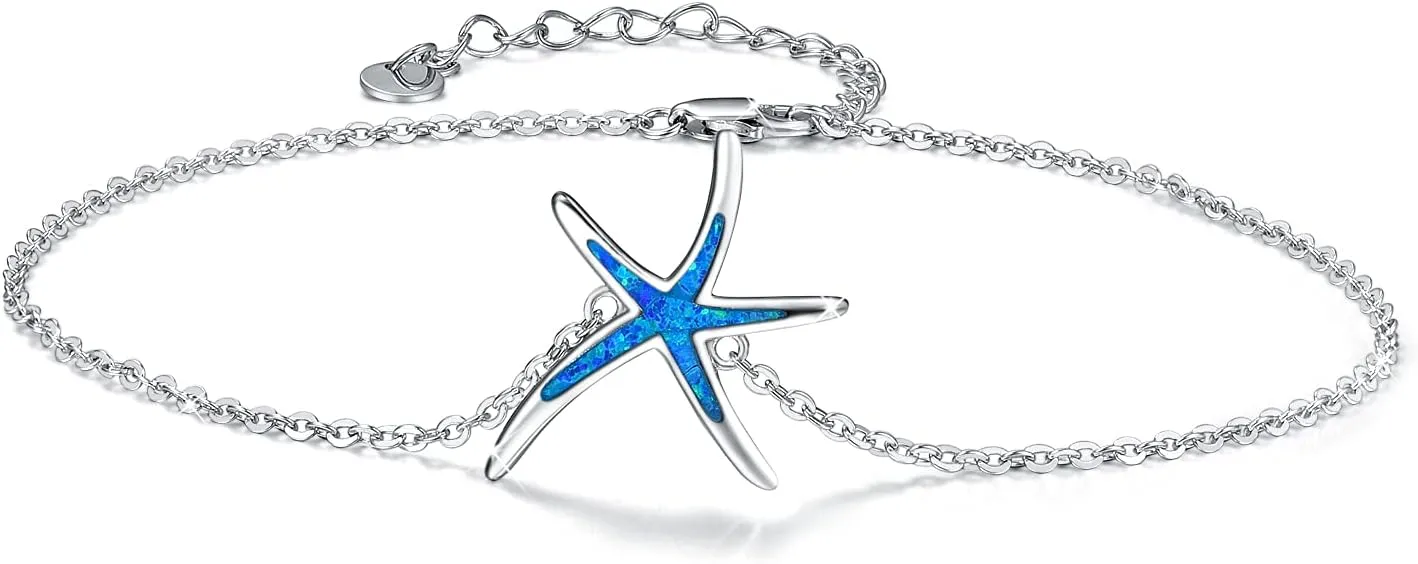 Starfish Bracelet 925 Sterling Silver with White Fire Opal Chain Bracelets Ocean Jewelry Birthday For Women