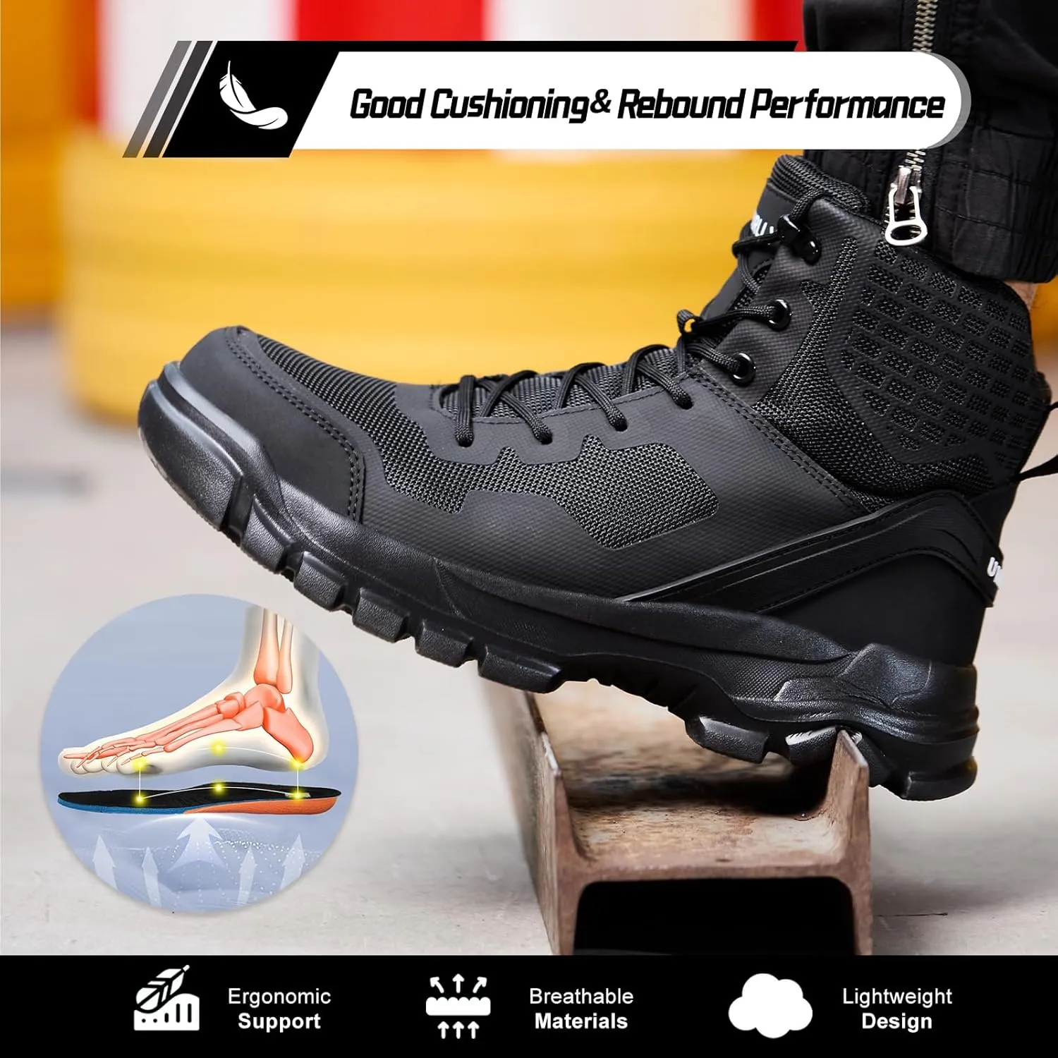 Steel Toe Shoes for Men Women Composite Toe Work Sneakers Indestructible Safety Tennis Shoes Lightweight Breathable Construction Sneakers Puncture Proof Air Cushion Ergonomic Design