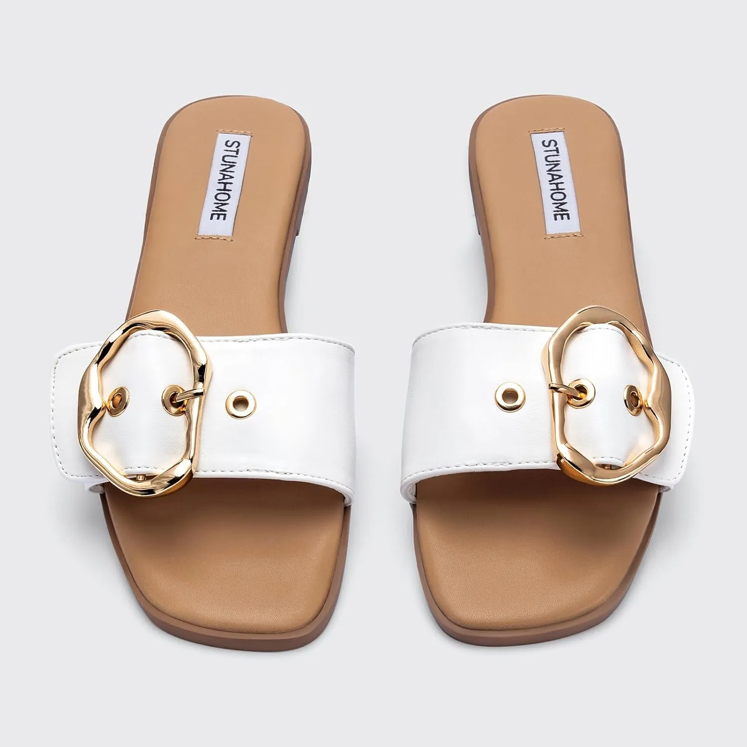 STUNAHOME Flat Sandals Women Fashion Slides With Soft Leather Paired with Metal buckle Slippers