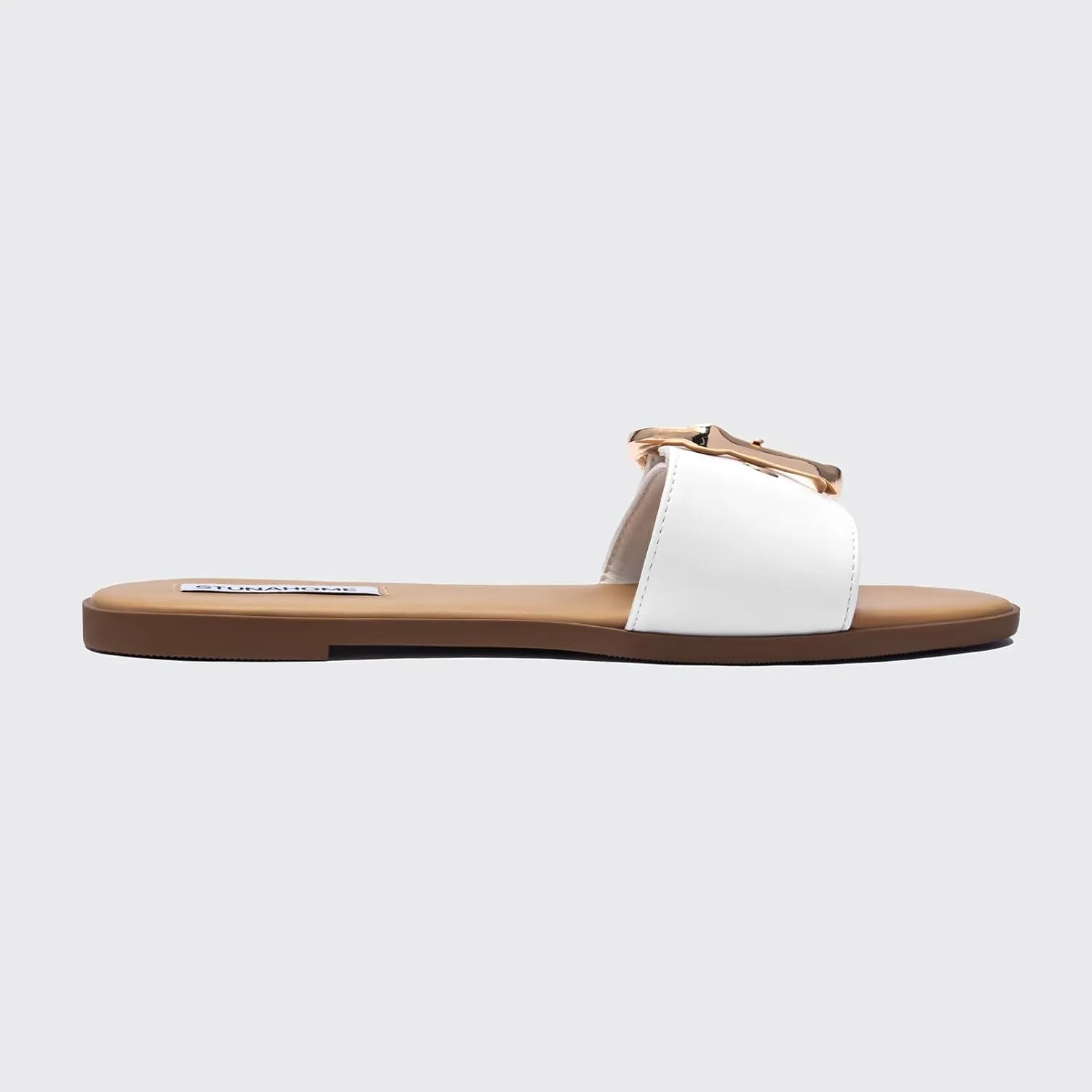STUNAHOME Flat Sandals Women Fashion Slides With Soft Leather Paired with Metal buckle Slippers